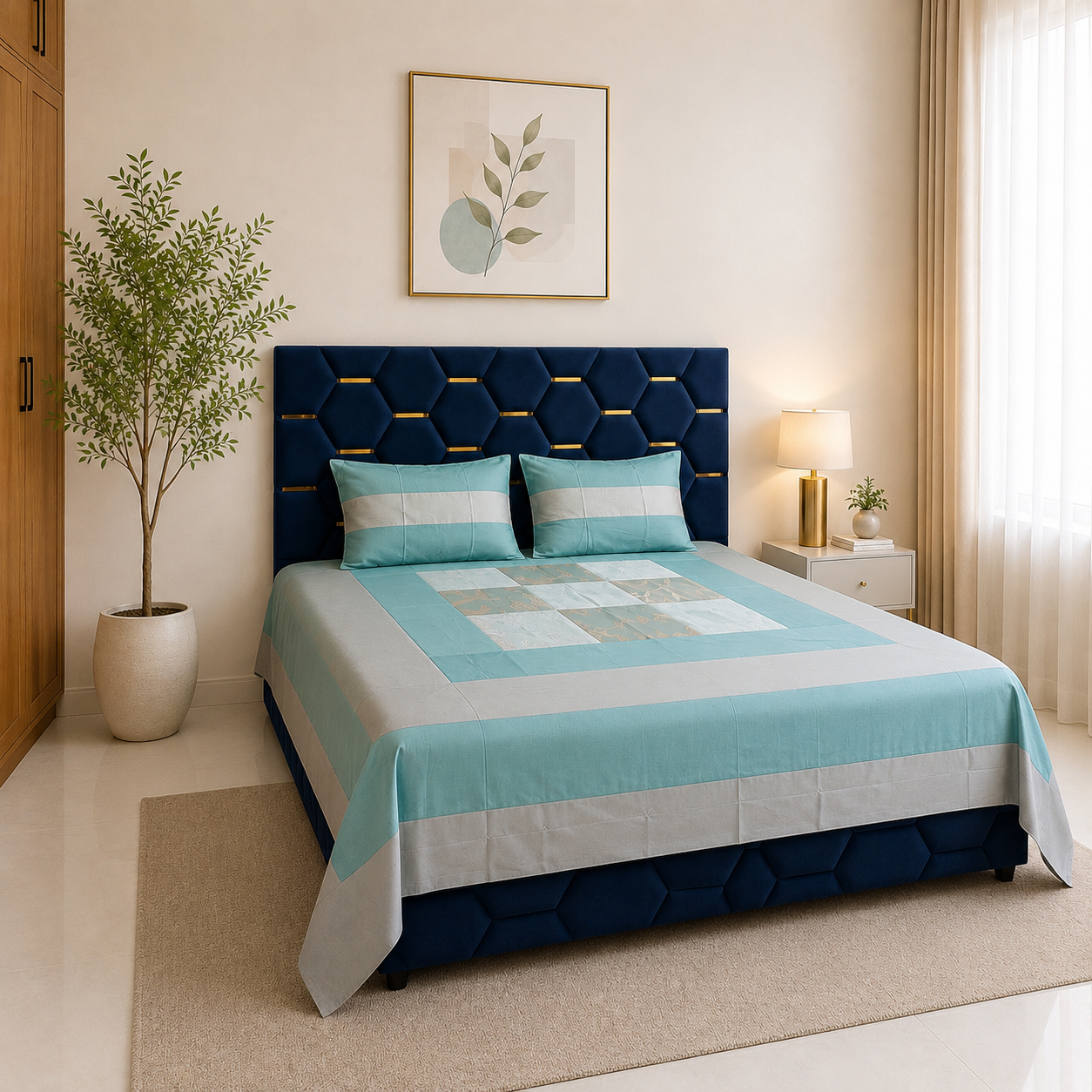 Avenza Cotton Silk Marine Bedsheet Set