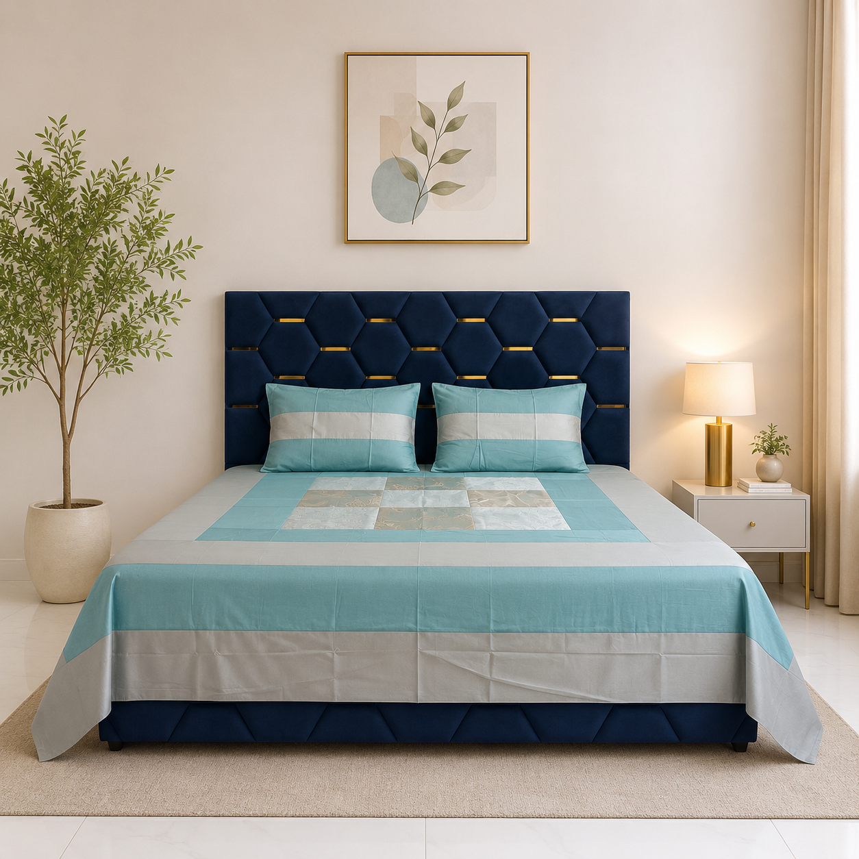 Avenza Cotton Silk Marine Bedsheet Set